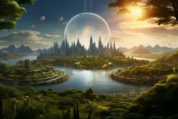 Fototapeten Terraformed planetary system with lush green landscapes and futuristic cities. © Michael Böhm