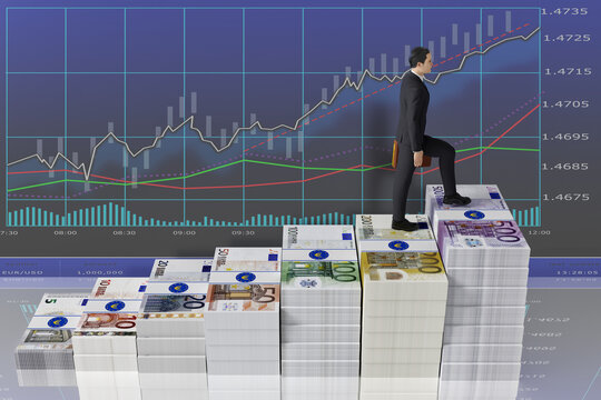 Illustrazione 3D. Uomo d'affari e donna d'affari scalano il successo economico e finanziario. Scala di denaro, euro, di fronte a grafico di finanza. Successo, investimento, profitto..
