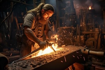 Viking blacksmith forging a sword