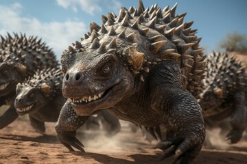 Obraz premium Ankylosaurus defending territory from rival group
