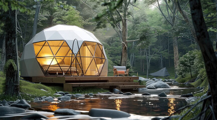 A geodesic dome tent with steel frame and glass windows, situated on top of wooden deck platform in the middle of small creek surrounded by trees. Generative AI. - obrazy, fototapety, plakaty