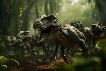 Compsognathus pack running in fern forest