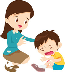 Comforting sad children with parent or teacher