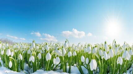 Obraz premium White fresh snowdrops flower meadow garden field with snow, blue sky, sunshine . Easter spring background.