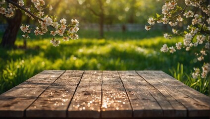 empty wood board for branding on Spring beautiful background