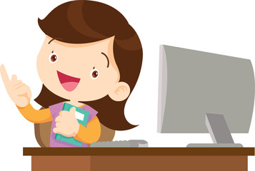 cute child sitting use computer to study