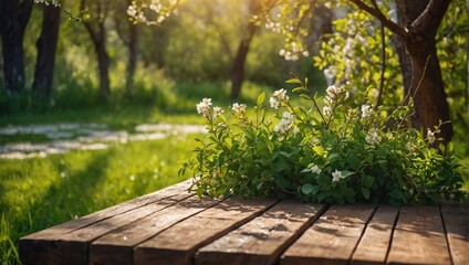 empty wood board for branding on Spring beautiful background