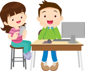 E-Learning concept Students kids Reading and online learning technology with computer laptop smartphone