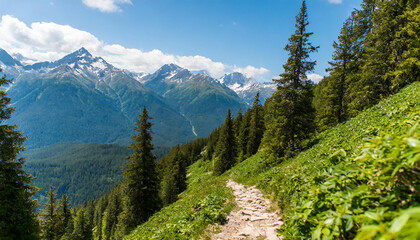 Fototapeta na wymiar Hiking through a serene mountain forest.
