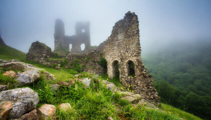 Fototapeta na wymiar Mist-Clad Ruins. The remnants of an ancient castle, shrouded in mist.