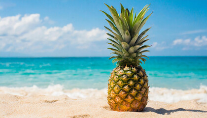 Pineapple on beach and summer time - obrazy, fototapety, plakaty