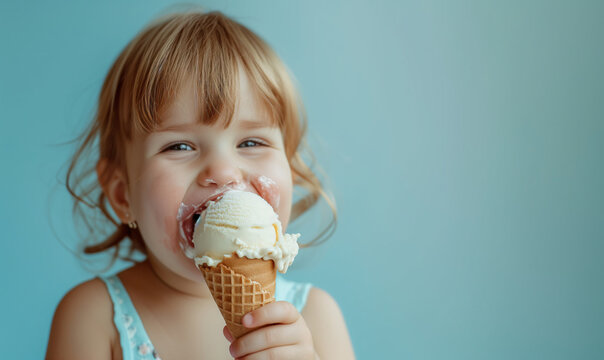 Happy little child eating ice cream on a hot day. simple background, studio photo.