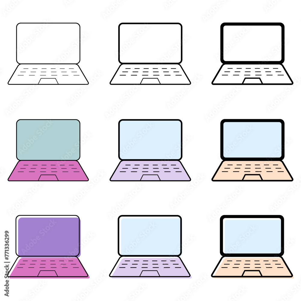 Poster set of laptop flat web icon, notebook computer technology symbol , blank display vector illustration