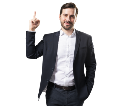 A confident businessman pointing upwards, photographed in a studio against a white background, depicting the concept of success