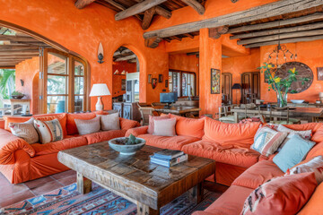Modern Boho Coral Rustic style house interior and living room Natural Materials.