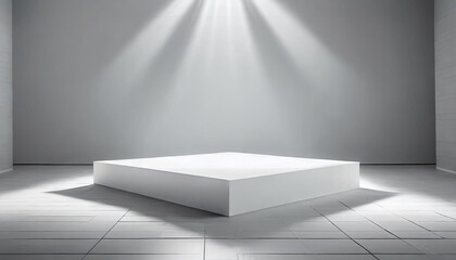 An empty room with a white square dais in the center. A beam of light shines down from the ceiling, casting a bright glow onto the floor. The walls are also white - obrazy, fototapety, plakaty