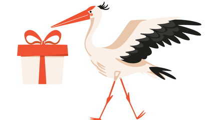 Cartoon stork carrying a gift flat vector 