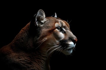 Black Background Cougar Portrait. Isolated Puma Wildlife Big Cat and Predator