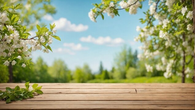 empty wood board for branding on Spring beautiful background