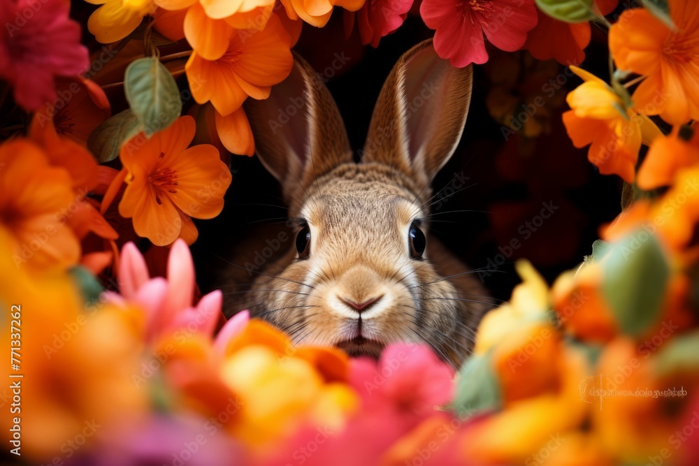 Wall mural Curious rabbit in a colorful spring garden - Wall murals