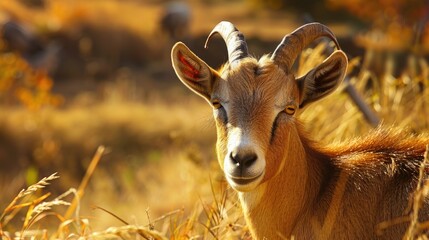 Brown Goat Grazing in a Rural Pasture - A Beautiful Farm Animal in Nature for Agriculture and Village Scenes - obrazy, fototapety, plakaty