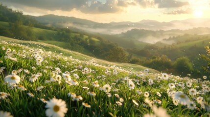natural landscape with blooming field of daisies in the grass in the hilly countryside.