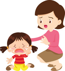 Comforting sad children with parent or teacher