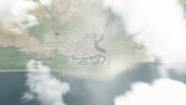 Earth zoom in from space to Lagos, Nigeria. Followed by zoom out through clouds and atmosphere into space. Satellite view. Travel intro. Images from NASA