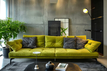 Modern Boho Olive Green Modern style apartment interior and living room Dynamic Spaces. - obrazy, fototapety, plakaty