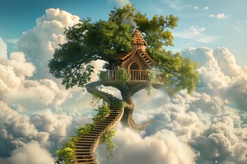 Naklejka premium : A winding staircase leading to a whimsical treehouse, surrounded by clouds,