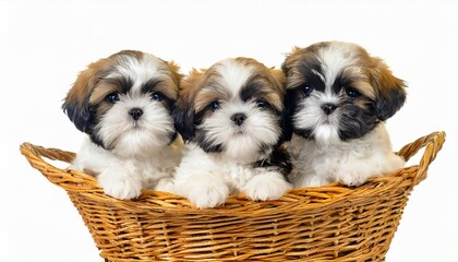 Three shih tzu puppies cuddled together in a basket, isolated with a white background