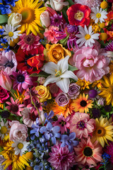 Fototapeta na wymiar Spectacular Display of Diverse Flowers: A captivating nature view of Sunflowers, Tulips, Roses, Irises, Lilies, Daisies, and Peonies