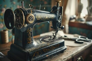 Discover the Fascinating Fashion History by Tailoring Fabrics with Your Own Hands! Close-Up of Old Sewing Machine and Tailor's Tools - obrazy, fototapety, plakaty