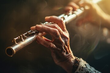 Expert Flutist's Hand Playing Melodious Tunes on a Professional Flute Instrument - obrazy, fototapety, plakaty