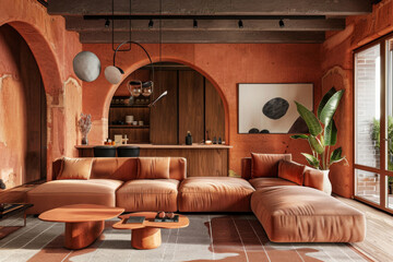 Modern Boho Terracotta Retro style house interior and living room Flexible Furniture.