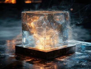 A captivating photo of a glowing, mystical ice cube with sparkling lights and smoke on a reflective surface in a dimly lit environment.