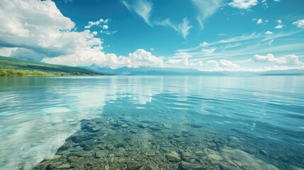 Idyllic Shoreline View of Calm Blue Water on a Peaceful Summer Day in August - Nature Landscape Wallpaper - obrazy, fototapety, plakaty