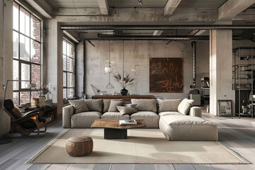 Modern Boho Beige Industrial style house interior and living room Emotional Architecture.