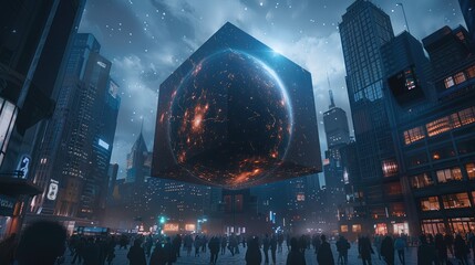 People surround a giant holographic black technology icon floating in the air in the city center. Generative AI. - obrazy, fototapety, plakaty