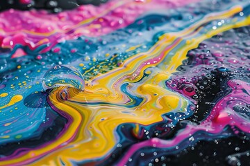 Colorful paint swirls and droplets on surface. This image captures a vibrant mix of colorful paint swirling together, creating a dynamic and fluid abstract pattern with droplets scattered throughout 