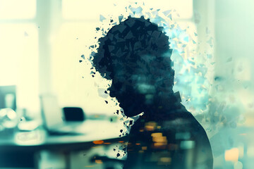 A silhouette of a person's head in a profile view with a shattered effect, set against a blurred office environment