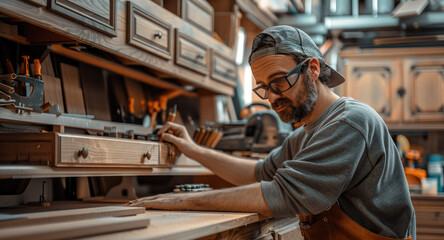 A carpenter working with a wood furniture cabinet using wood veneer, carpenter lab background. Generative AI. - obrazy, fototapety, plakaty