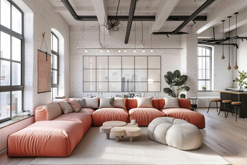 Modern French Coral scandinavian Hybrid Spaces.
