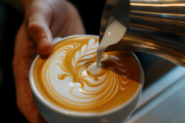 Intimate scene of a barista's hands crafting beautiful latte art, showcasing the art and skill of coffee preparation