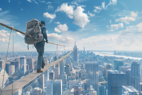 Fototapeta A brave individual equipped with a backpack crosses a precarious rope bridge above a modern cityscape, symbolizing courage and exploration