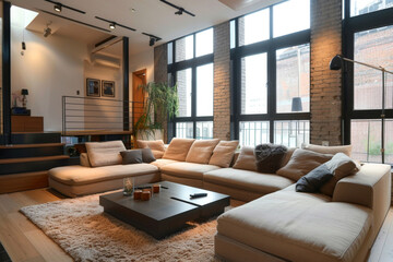 Modern French Beige Modern style loft interior and living room Natural Materials. - obrazy, fototapety, plakaty