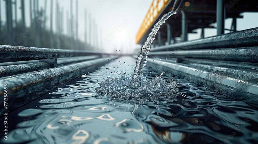 Poster metallic parallel pipes are throwing water in low pressure. generative ai.