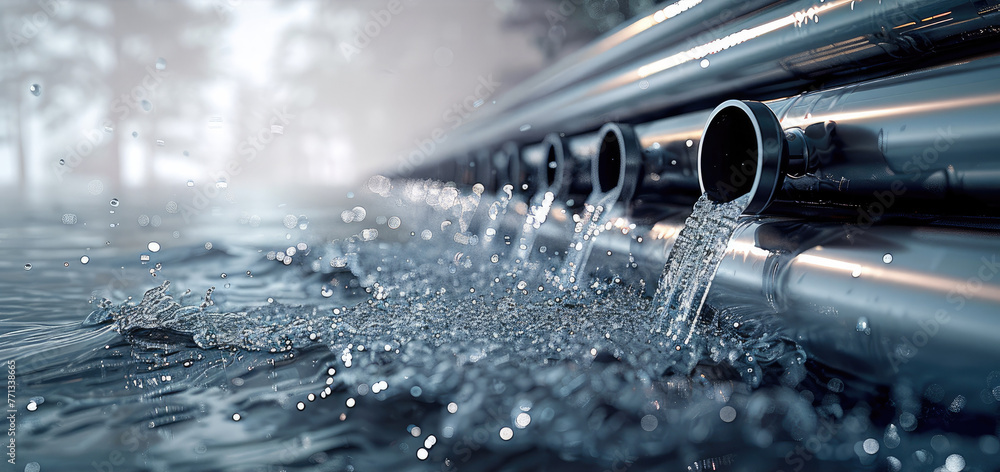 Poster metallic parallel pipes are throwing water in low pressure. generative ai.