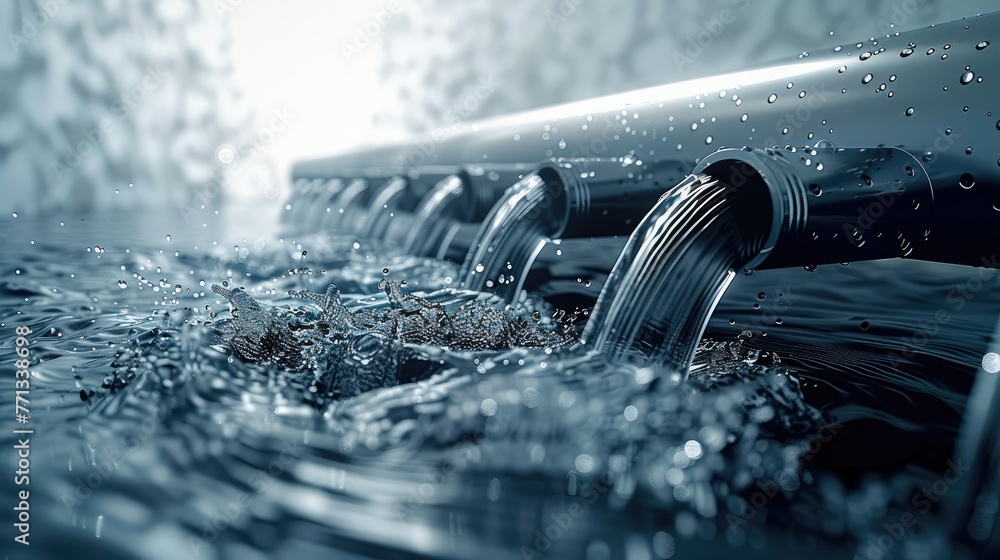 Poster metallic parallel pipes are throwing water in low pressure. generative ai.