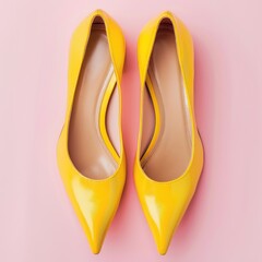 Yellow Shoes in Elegant Flat Lay on Pale Pink Autumn Background. Casual Accessory with Classic Fashion Design Concept